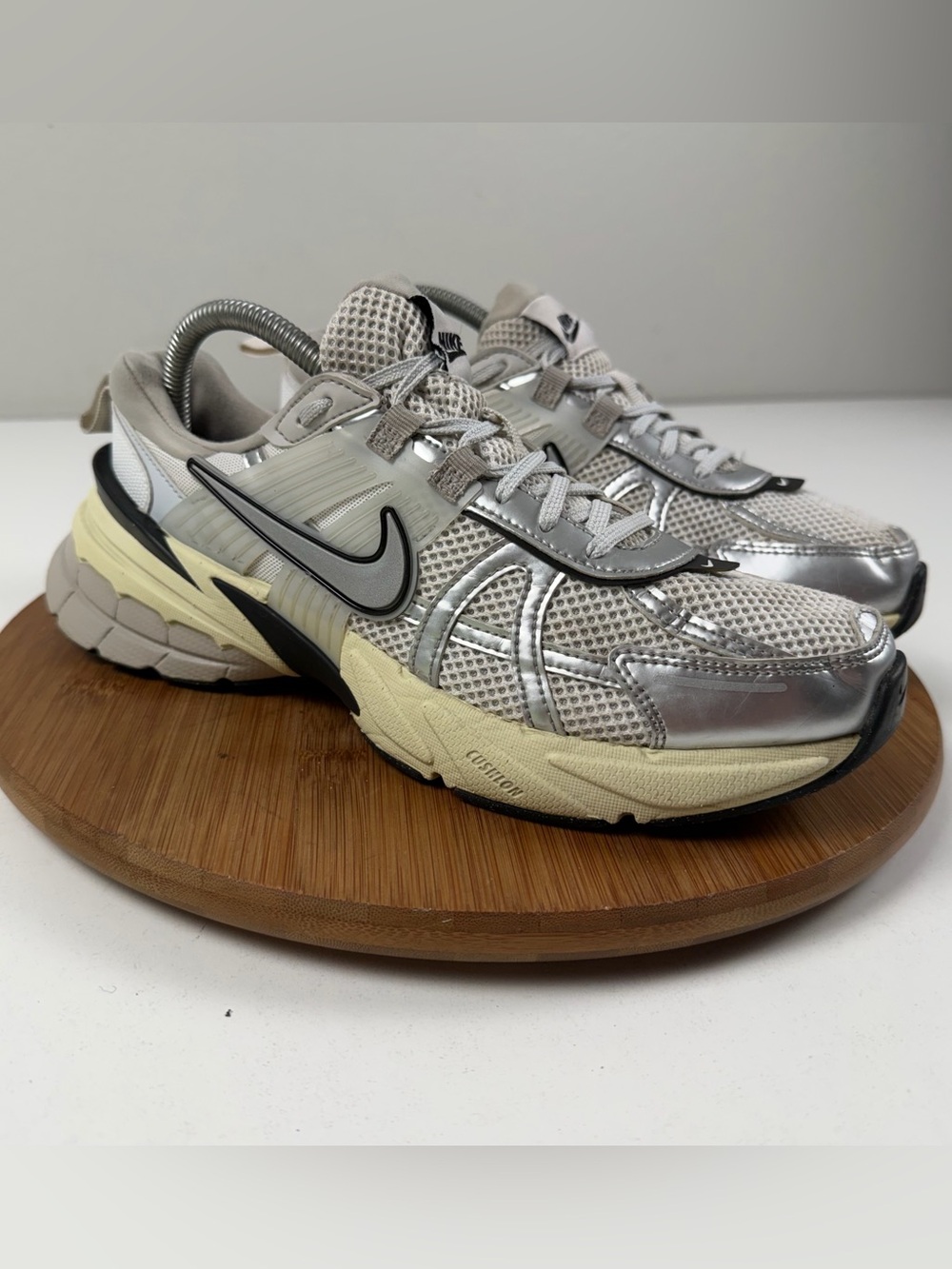 Nike V2K Run Metallic Silver & Cream Mesh Trainer Sneakers